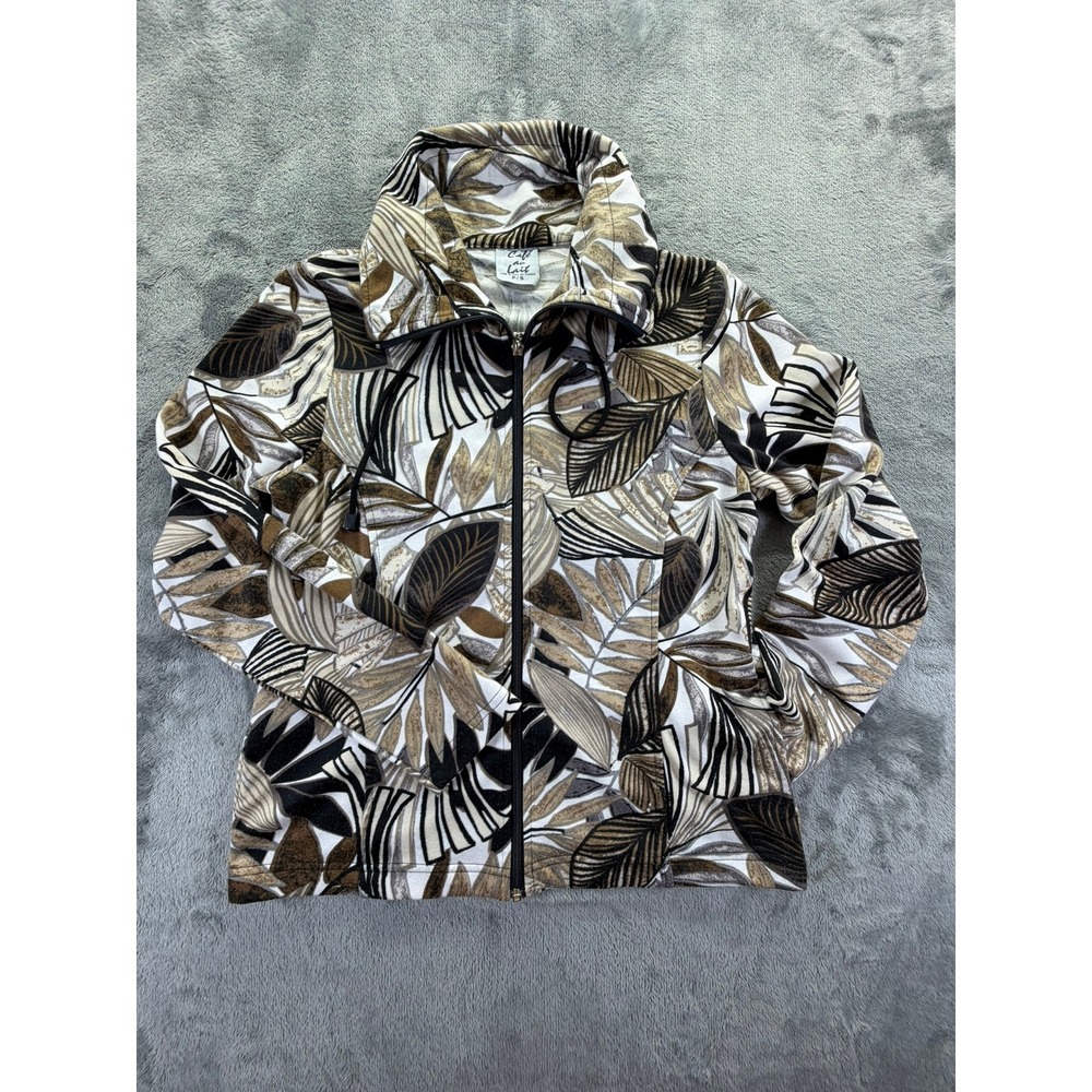Cafe au Lait Womens Tropical Leaf Print Full Zip Jacket Brown Tan Small 5308-20